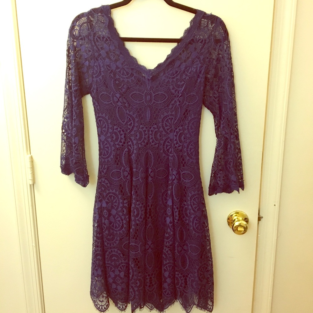 V-neck A-line lace blue dress long sleeve SP